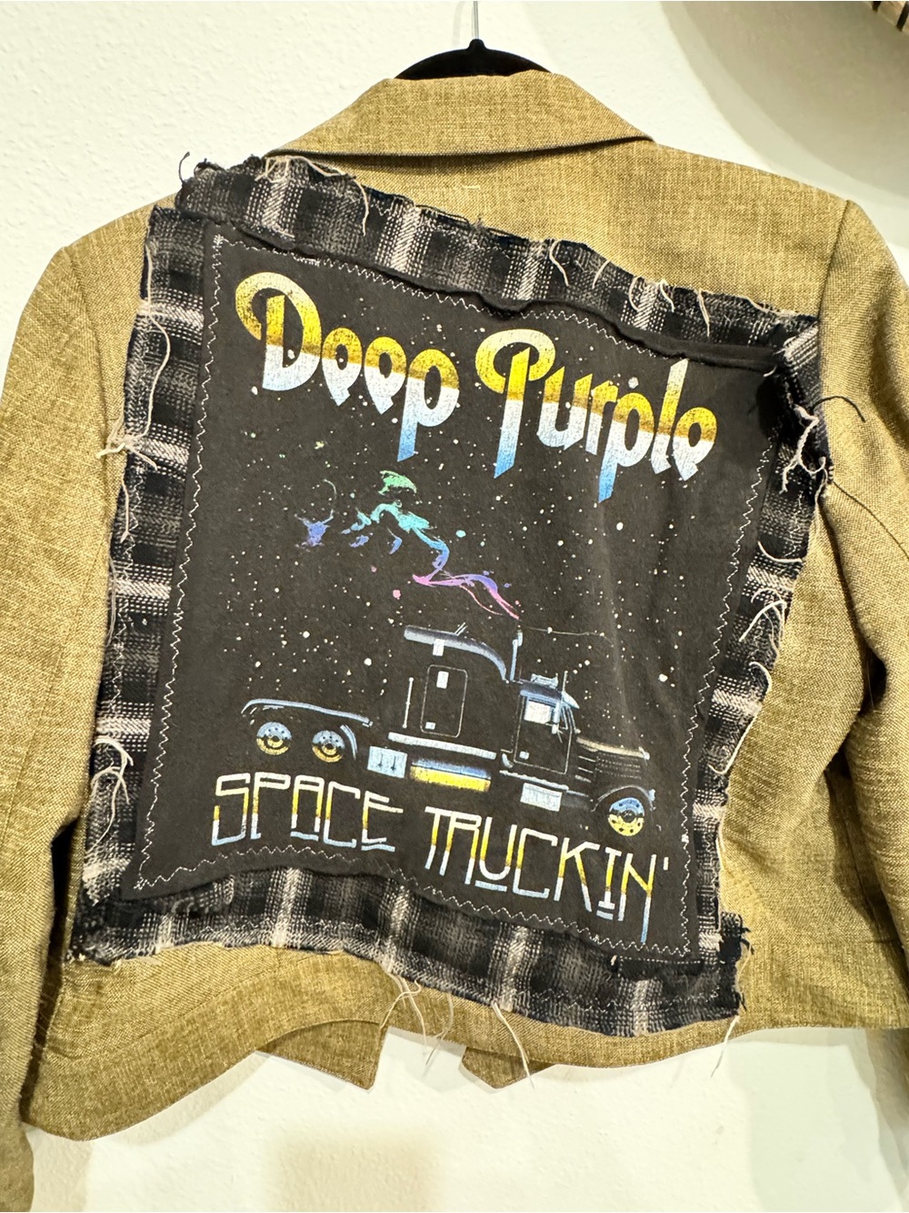 Women’s Tan Patchwork Blazer with Deep Purple 'Space Truckin'' Back Panel